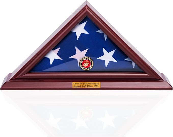 Flag Display Case for 3x5 Folded Flags, Flag Box Display case- NOT for Burial ( 5X9) Flag, Shadow Box Frame, with Armed Forces Emblems for Military and Patriots (Marine)