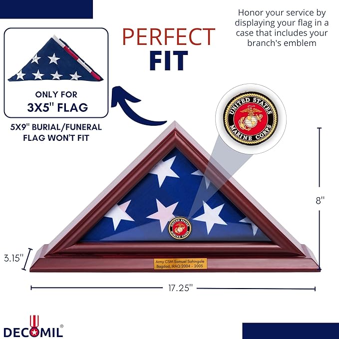 Flag Display Case for 3x5 Folded Flags, Flag Box Display case- NOT for Burial ( 5X9) Flag, Shadow Box Frame, with Armed Forces Emblems for Military and Patriots (Marine)