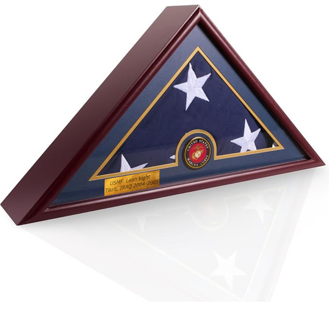 5x9 Flag Display Case Shadow Box Flat Base with Cherry Finish with Armed Forces Branch Emblems, with A Customized Name Plate