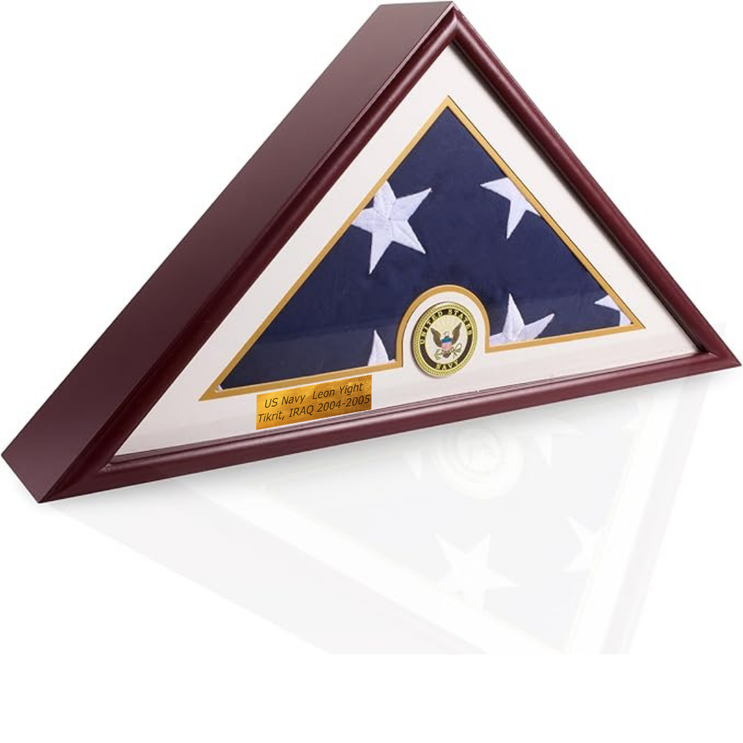 5x9 Flag Display Case Shadow Box Flat Base with Cherry Finish with Armed Forces Branch Emblems, with A Customized Name Plate