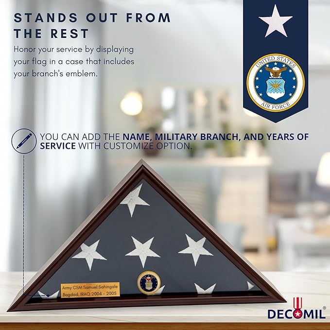 Flag Display Case for Burial (5x9) Flag, Army , Navy , Marine and Air Force Emblem, Flag Box Display with Engraving Name Plate, Military Flag Display(Air Force)