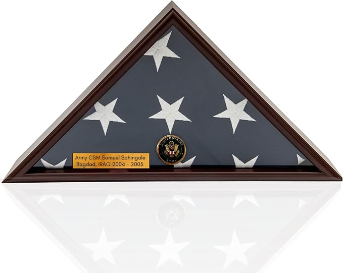 Flag Display Case for Burial (5x9) Flag, Army , Navy , Marine and Air Force Emblem, Flag Box Display with Engraving Name Plate, Military Flag Display(Air Force)