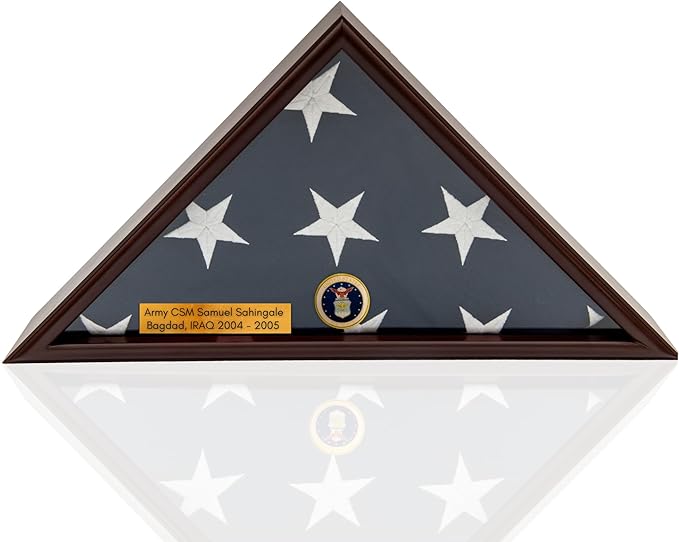 Flag Display Case for Burial (5x9) Flag, Army , Navy , Marine and Air Force Emblem, Flag Box Display with Engraving Name Plate, Military Flag Display(Air Force)